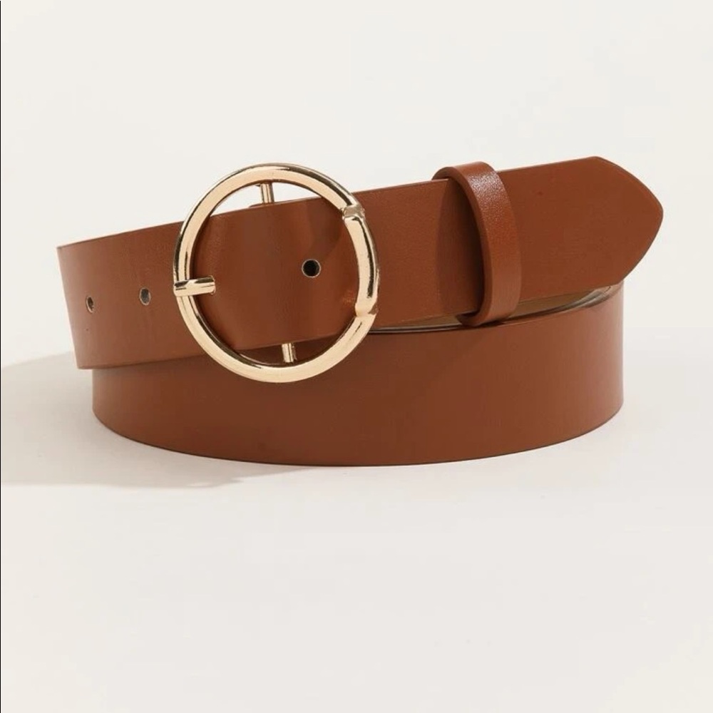 Brown Faux Leather Belt With Gold Buckle